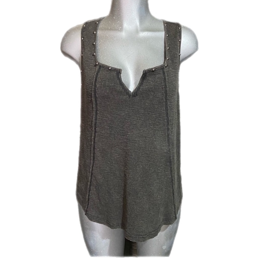 Studded V Neck Knit Tank Top Cami Faded Gray Strampunk Punk Grunge Moto Sz Large